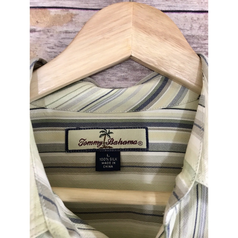 TOMMY BAHAMA Mens Striped Green Yellow  100% Silk Long Sleeve Button Shirt L - Picture 4 of 5